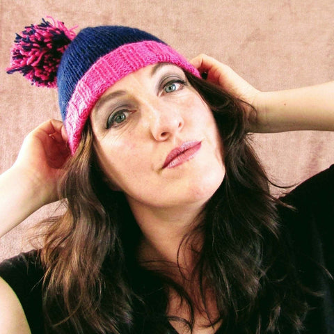 Navy & Vibrant Pink Hat. Bobble & Turn Up, By Shoreline - Parade Handmade