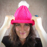 Pink Cable Hat With White Bobble, By Shoreline - Parade Handmade