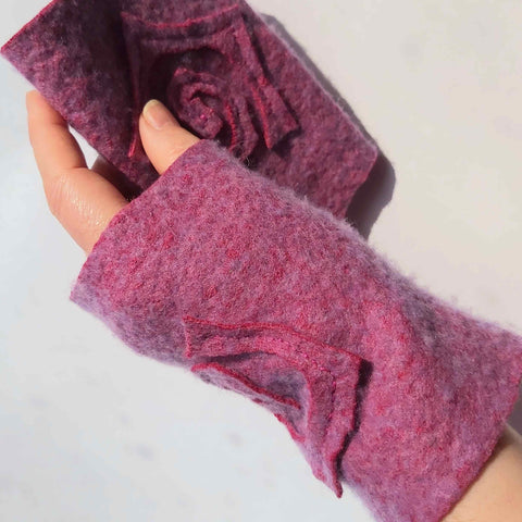 Beautifully soft felted wool wrist warmers from recycled jumper suze med in pink by Parade - Parade Handmade Co Mayo Ireland