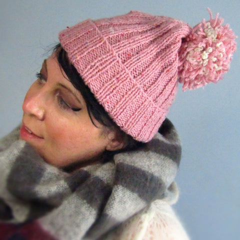 Pink and White Handknit Wooly Hat, By Shoreline - Parade Handmade