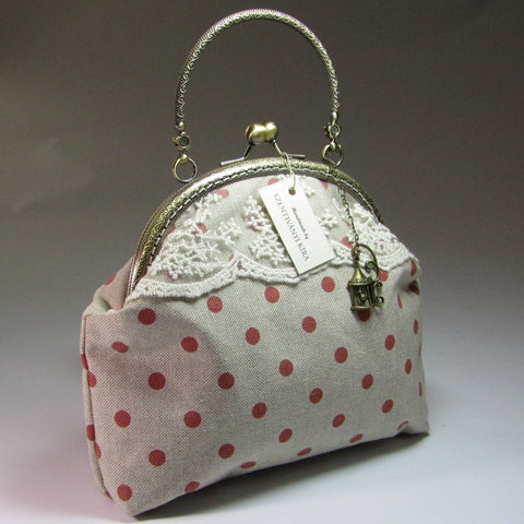 Polka-dot Handbag, Lacy. Beige and Red. Handle, By Kira Szentivanyi - Parade Handmade