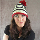 Quirky, Stripey Bobble Hat In Cream, Black & Rusty Red, By Shoreline - Parade Handmade