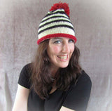Quirky, Stripey Bobble Hat In Cream, Black & Rusty Red, By Shoreline - Parade Handmade