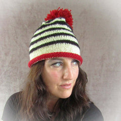 Quirky, Stripey Bobble Hat In Cream, Black & Rusty Red, By Shoreline