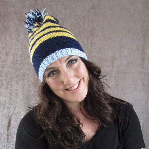 Quirky, Stripey Bobble Hat In Navy, Custard Yellow & Light Blue, By Shoreline - Parade Handmade