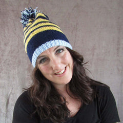 Quirky, Stripey Bobble Hat In Navy, Custard Yellow & Light Blue, By Shoreline