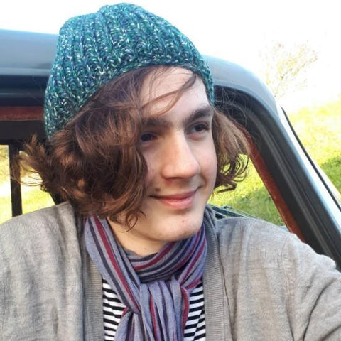 RA7 Beanie For Guys In Green, Black and Lilac, By Rose Coen - Parade Handmade