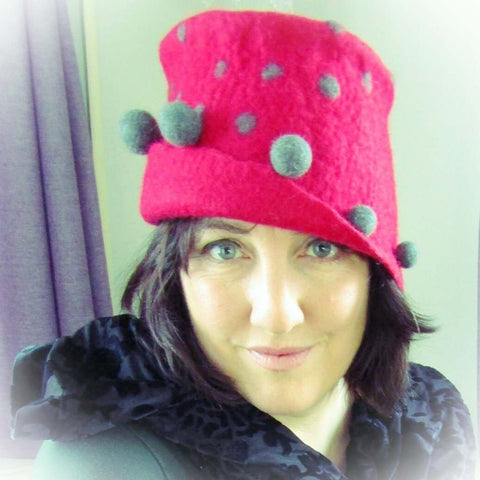 Red Felt Hat With Grey Dots, 57cm, By Parade. parade-handmade - Parade Handmade