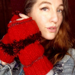 Red and Black Hand Knitted Wrist Warmers by Shoreline