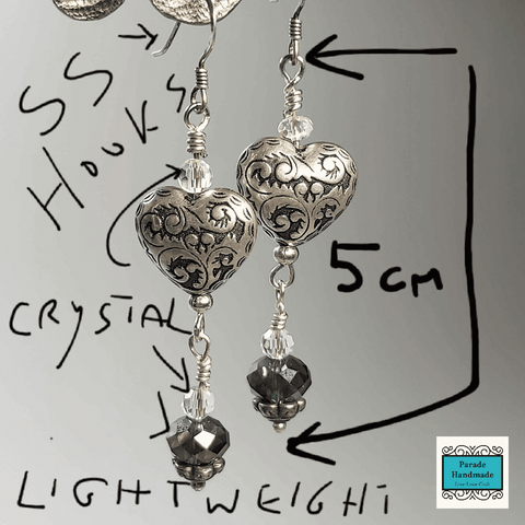 Silver Heart Earrings with Crystal Drop, Light Weight, by Lapanda Designs - Parade Handmade Co Mayo W. Ireland