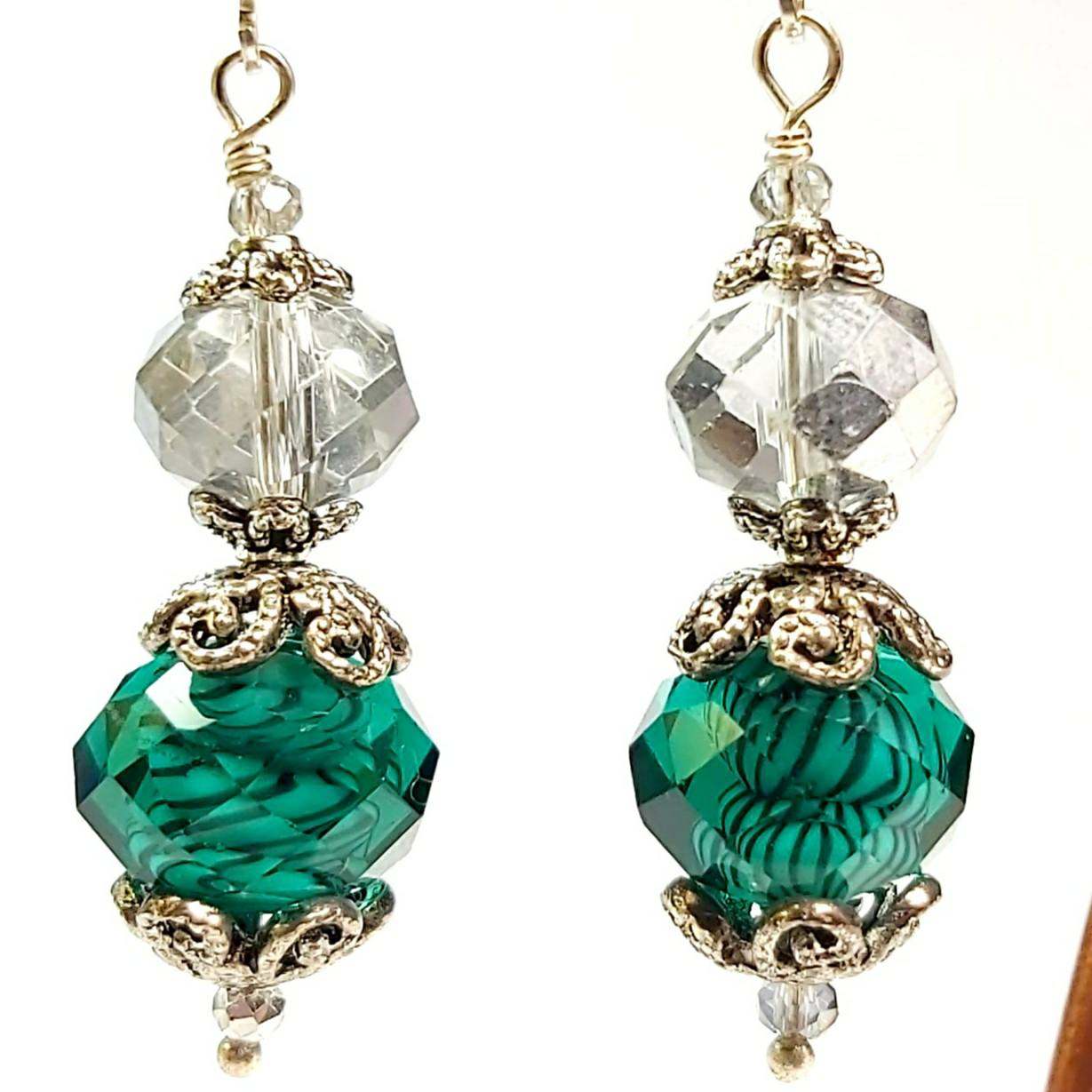 Silver and Green Coloured Crystal Earrings Vintage Style By Lapanda D Parade Handmade