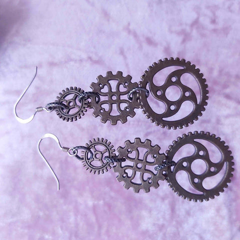 Steampunk Earrings, Tripple Bronze Cog, By Lapanda Designs - Parade Handmade