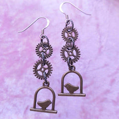 Steampunk Earrings with Cogs and Bird on a Perch, By Lapanda Designs