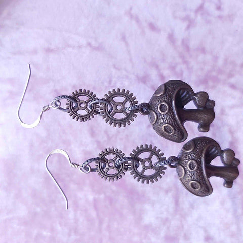 Steampunk Earrings with Mushrooms in Bronze, By Lapanda Designs - Parade Handmade
