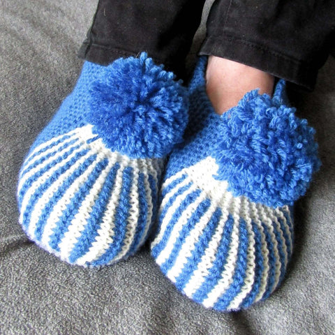 Striped Blue and White Slippers With Bobble, By Shoreline - Parade Handmade