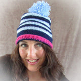 Stripey Bobble Hat In Navy, Light Blue & Deep Pink, By Shoreline - Parade Handmade