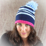 Stripey Bobble Hat In Navy, Light Blue & Deep Pink, By Shoreline - Parade Handmade
