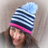 Stripey Bobble Hat In Navy, Light Blue & Deep Pink, By Shoreline - Parade Handmade