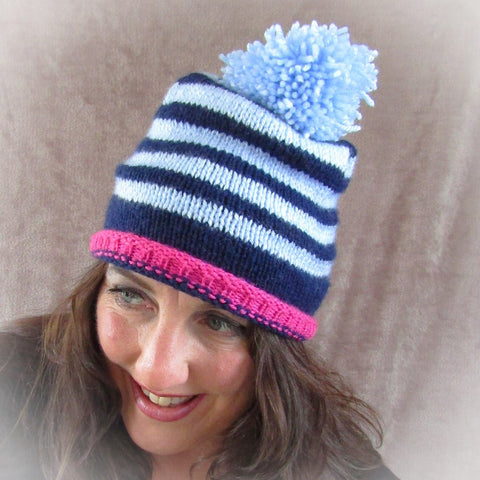 Stripey Bobble Hat In Navy, Light Blue & Deep Pink, By Shoreline - Parade Handmade