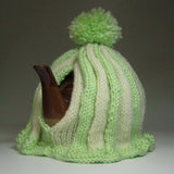 Super cute pastel green and cream striped Tea Cosy with bobble by Shoreline - Parade Handmade