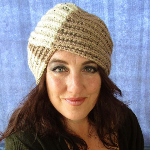 Turban Style Hand Knitted Hat In Cream & Dark Beige, By Jo's Knits - Parade Handmade