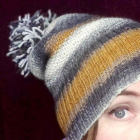 Versatile Hand Knitted Beanie in Mustard Grey and Cream with Bobble - by Shoreline