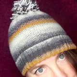 Versatile Hand Knitted Beanie in Mustard Grey and Cream with Bobble - by Shoreline - Parade Handmade West of Ireland