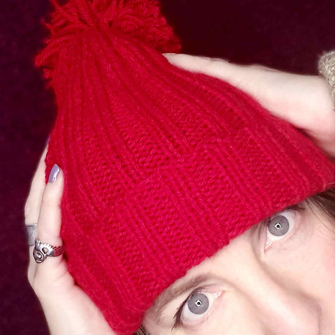 Versatile Red Ribbed Hand Knitted Bobble Hat by Shoreline - Parade Handmade Co Mayo