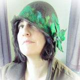 Whimsical Felt Hat In Brown, Floral Brooch Detail, Med, Hats By Parade - Parade Handmade